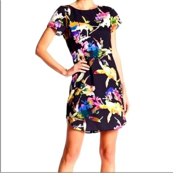 Yumi Kim Pink and Orange Floral short  Sleeve Sheath Dress - Picture 3 of 8